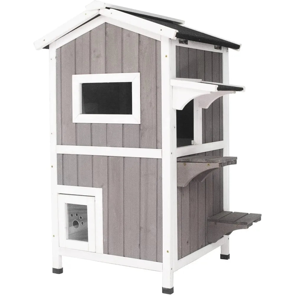 Cat House for Outdoor & Indoor Wooden Waterproof Cat Condo Cat Outdoor Enclosure with Escape Door,2 Story Kitty House