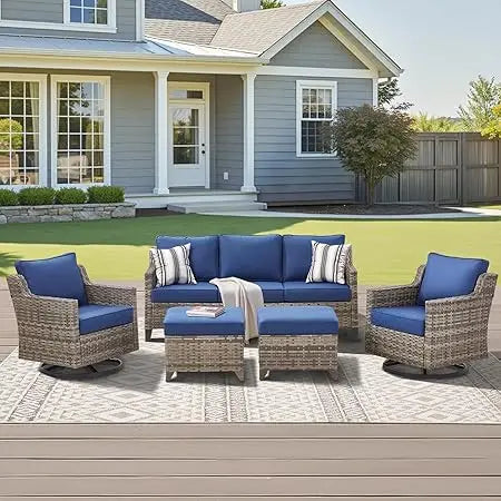 Outdoor Patio 5 Piece All Weather Wicker Swivel Chairs