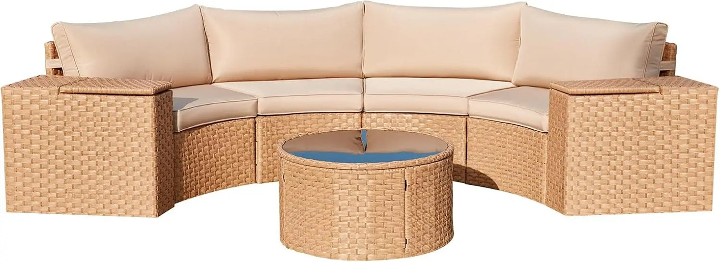 7 Piece Patio Set Half Moon Curved Wicker Storage Armrests