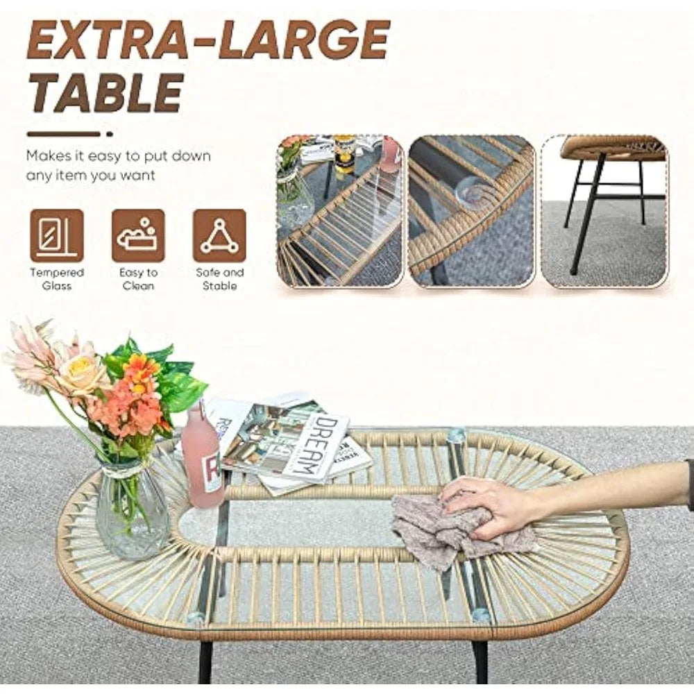 Outdoor Patio Furniture Set, Outdoor Sectional Conversation Rope Woven L-Shaped Sofa Set with Patio Table and Thick Cushions