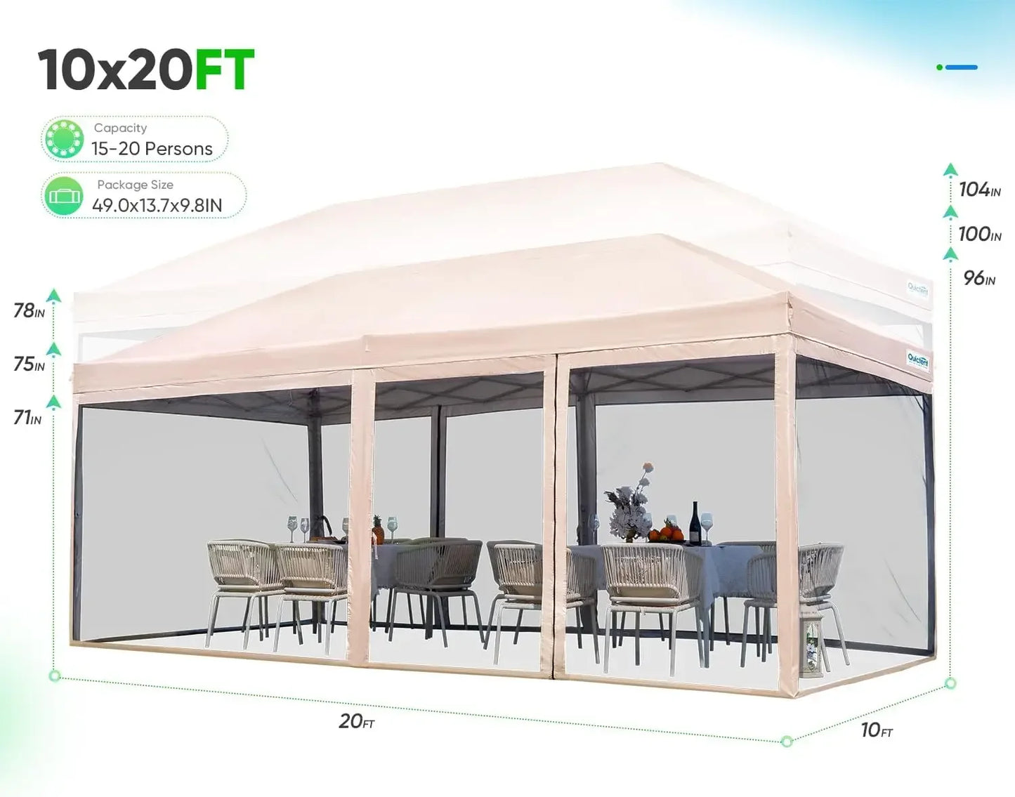 10'x20' Pop up Canopy Tent with Netting, Instant Screened House Tent Outdoor Party Event Gazebo Shelter- Waterproof