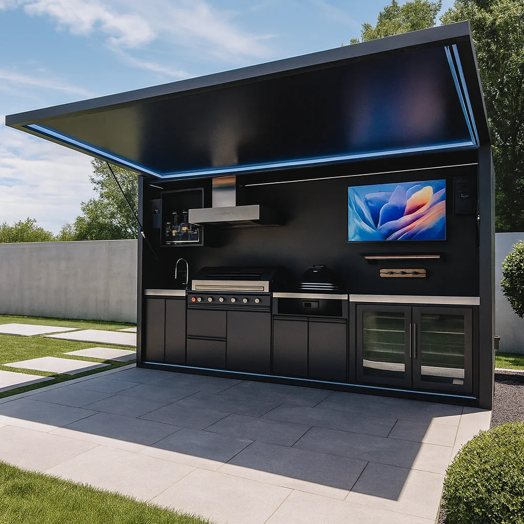 Custom Modern Luxury 304 Stainless Steel Outdoor Kitchen BBQ Grills Black With Roof For Camping Garden Pool Commercial