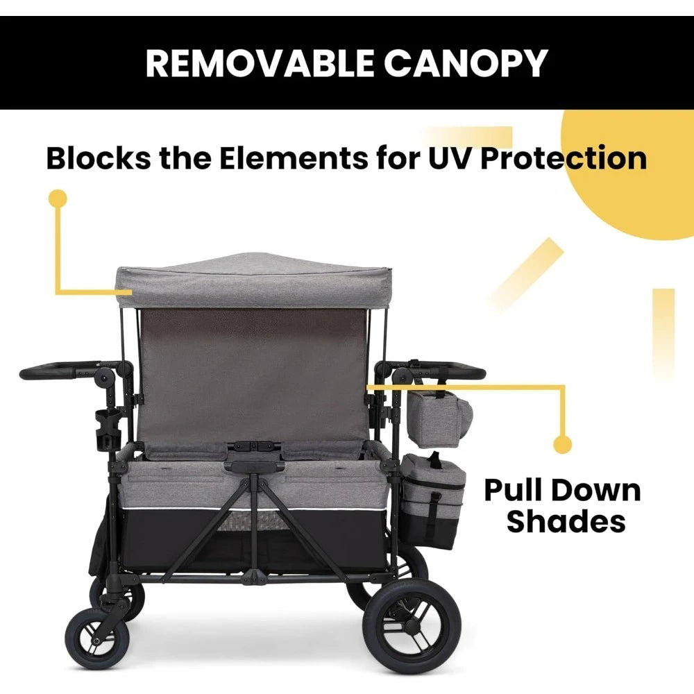 NEW Grey,Deluxe 4 Seater Stroller Wagon for 4 Kids w/Convertible Seats,Adjustable Push/Pull Handles,Removable Canopy&Flat Fold