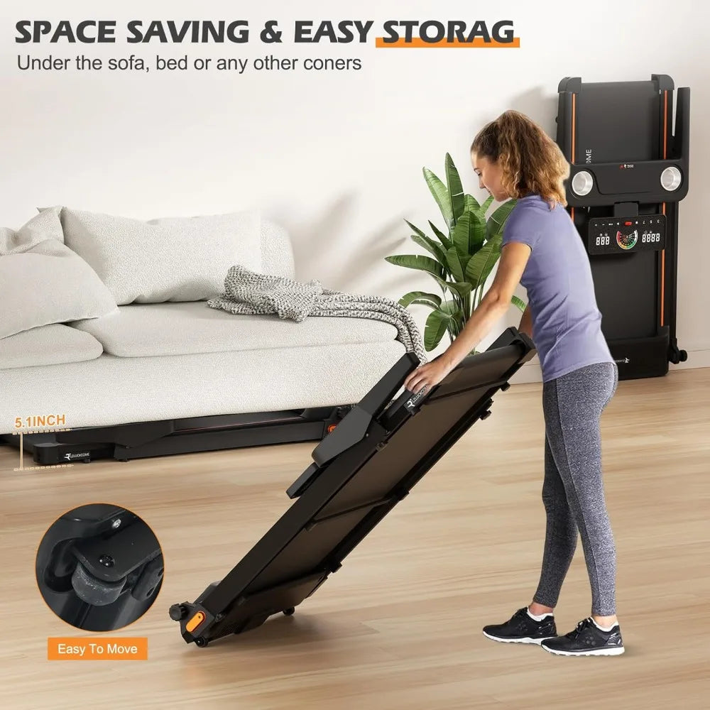 Folding Walking Pad Treadmill with Long Handlebar Armrest 7.5 MPH Foldable Compact Small Treadmill with Work Table Wide Running Surface