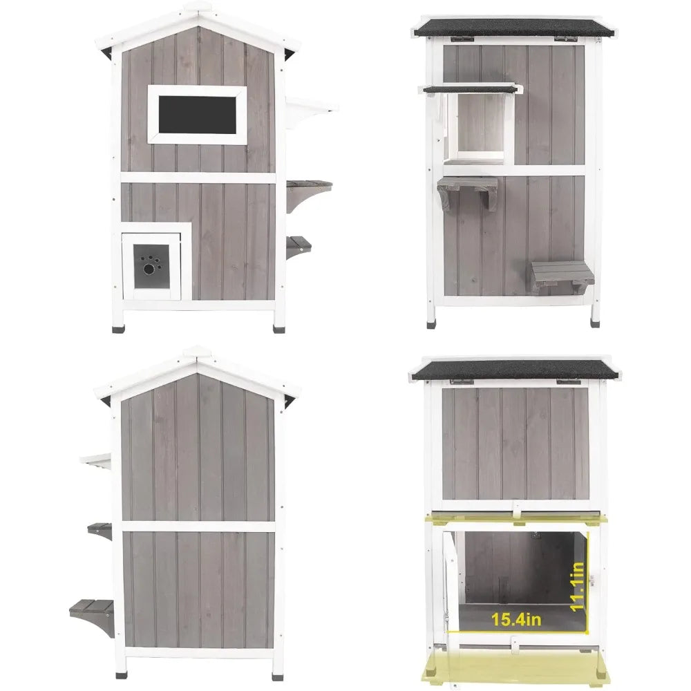 Cat House for Outdoor & Indoor Wooden Waterproof Cat Condo Cat Outdoor Enclosure with Escape Door,2 Story Kitty House