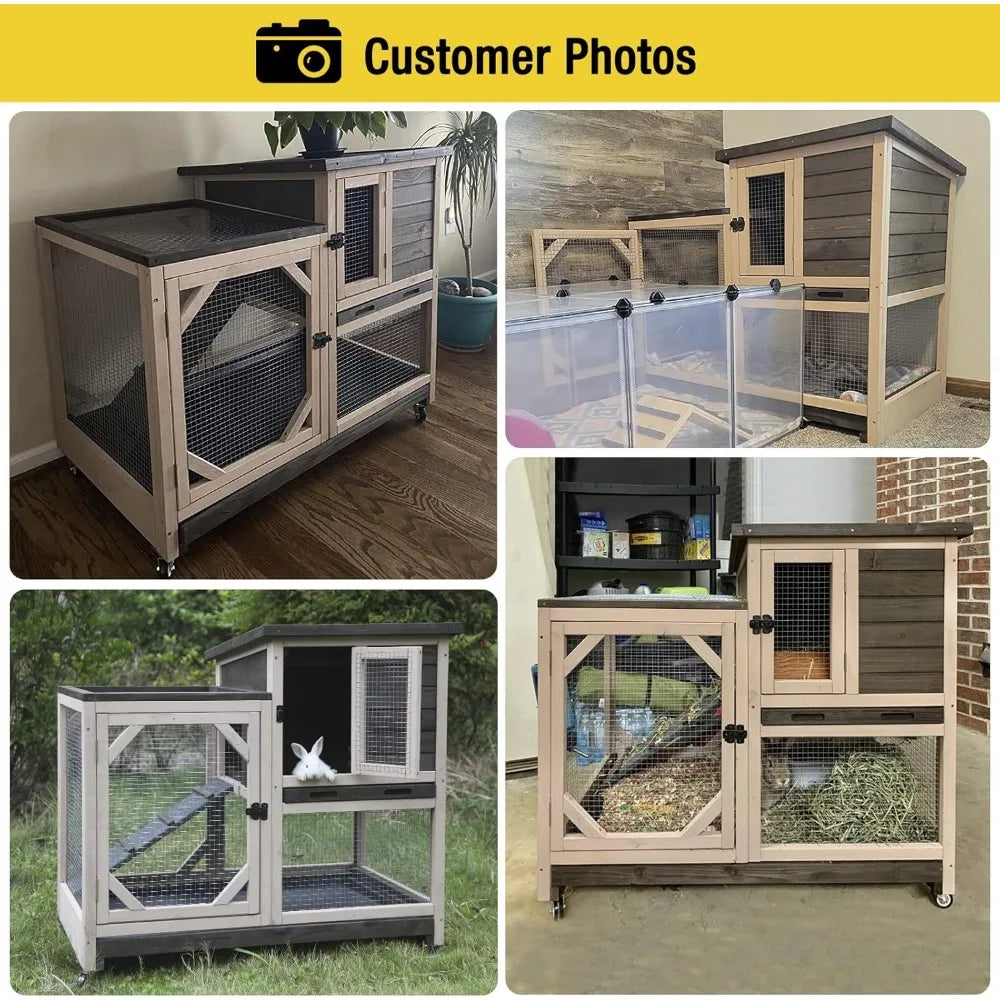 Rabbit Hutch Indoor Bunny Cage with Outdoor Run Multi Level Design and Two Deeper No Leak Trays with 4 Casters