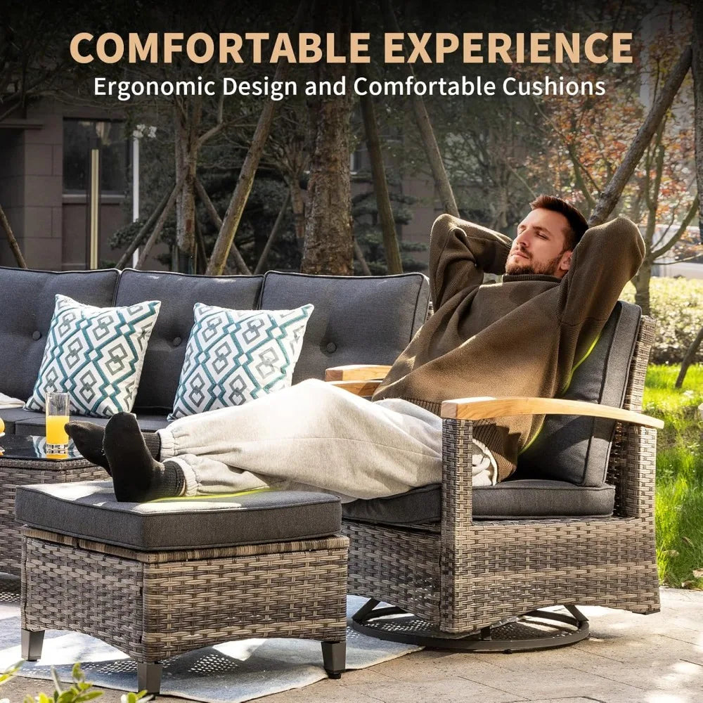 ANGDUO 7 Piece Patio Wicker Conversation Set With Wood Armrests