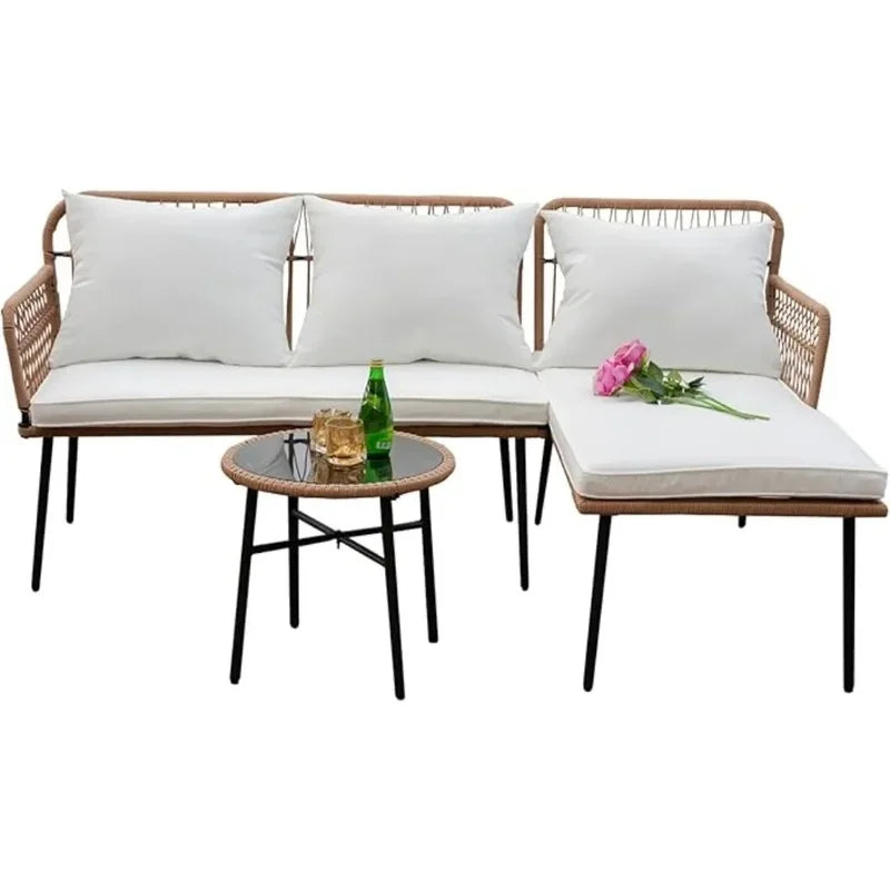 L-Shaped Outdoor Patio Furniture Set, Woven Conversation Sofa with Thick White Cushions, Balcony Lounger Chairs