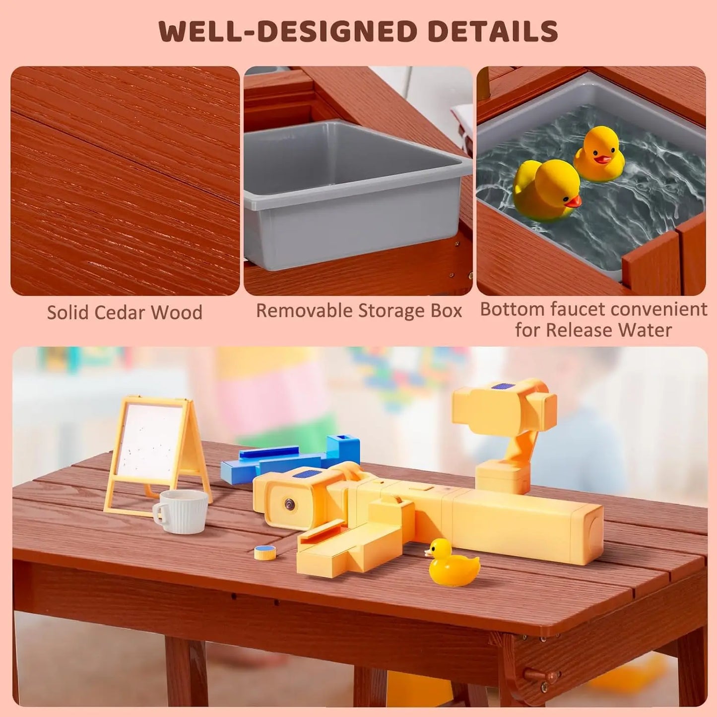 Kids Picnic Table with Umbrella, Outdoor Wooden Table & Bench Set w/Cushions & 2 Removable Boxes, 4-in-1 Children Sand