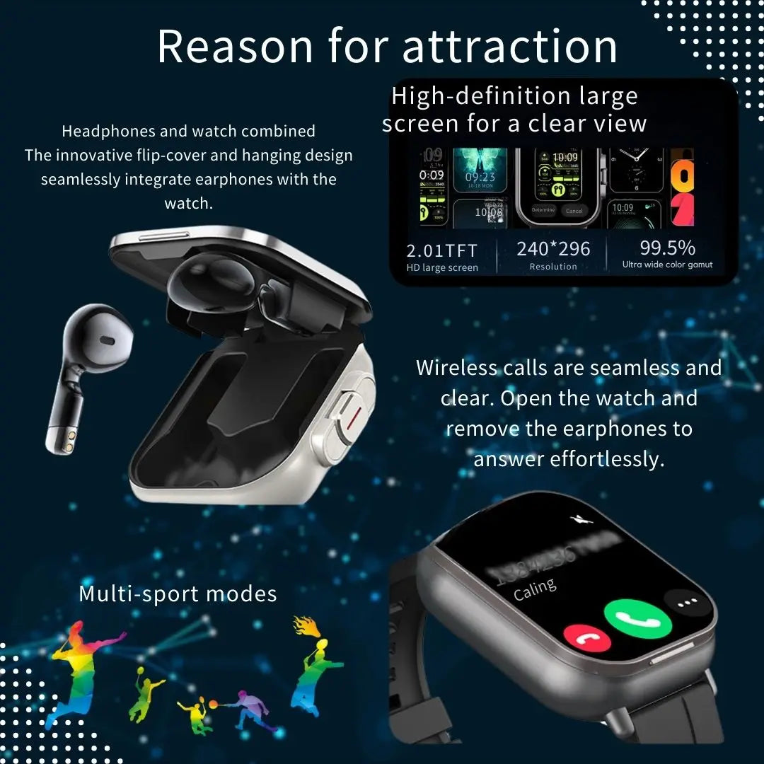 2 in 1 Built in Smartwatch with Earphone Multi Sport NFC Call Smart Watch with Earbuds Headphone for iPhone and Android Smartphone