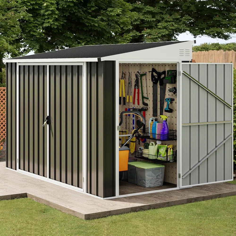 8x4 FT Outdoor Weatherproof Storage Shed, Secure Metal Bike Shed w/Lockable Entry, Garden Storage for Lawn Equipment, Tools