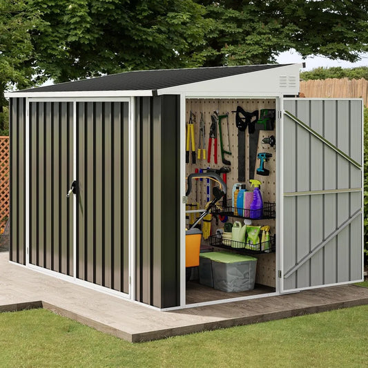 8x4 FT Outdoor Weatherproof Storage Shed, Secure Metal Bike Shed w/Lockable Entry, Garden Storage for Lawn Equipment, Tools