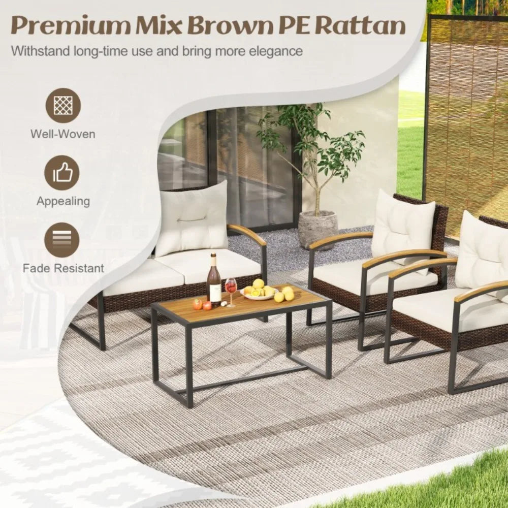 Patio Outdoor Rattan Sofa Set With Tabletop And Cushions