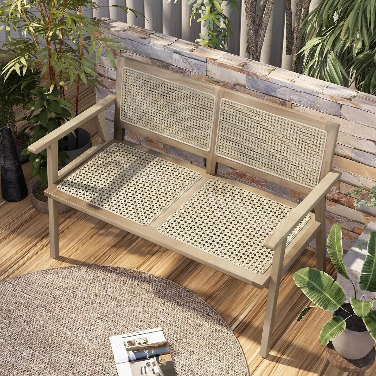 Outdoor Teak Wood Bench 2 Person Patio Rattan Backrest