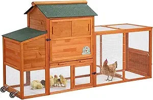 82" Large Wooden Chicken Coop, Outdoor Rabbit Hutch, Guinea Pig Pet House with Wheels, Sunshine Board, Asphalt Roof, Ramp, Open
