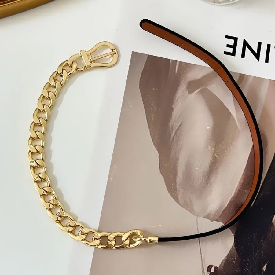 Leather Chain Collar Necklace Two Toned Punk Belt Style