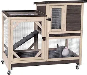 Rabbit Hutch Indoor Bunny Cage with Outdoor Run Multi Level Design and Two Deeper No Leak Trays with 4 Casters