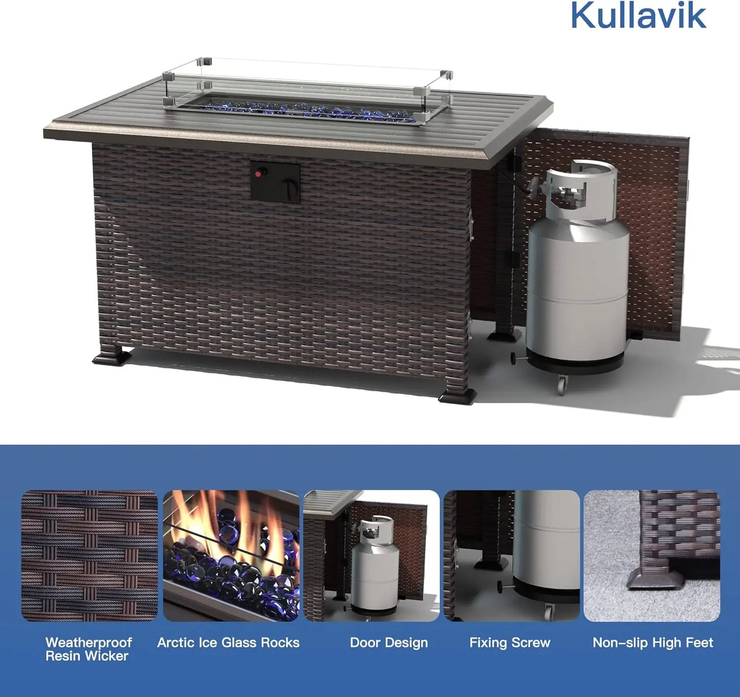 7-piece outdoor patio furniture set with 43" gas propane fire pit table, wicker rattan sectional sofa for conversation