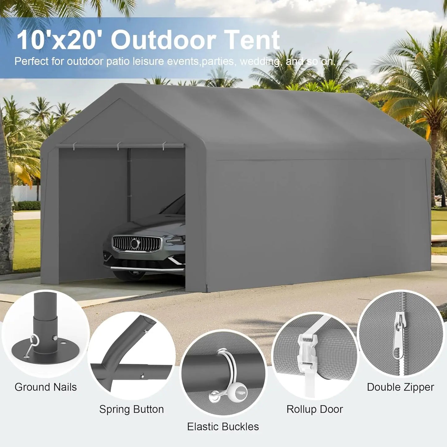 10x20 Heavy Duty Portable Garage With Roll Up Door Grey