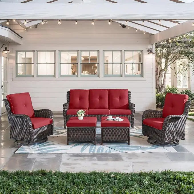 outdoor patio furniture set: 5-piece wicker conversation set with swivel rocker chairs and 3-seater sofa