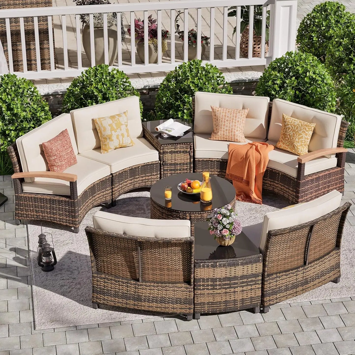 Multi-piece Outdoor Patio Furniture Sets, Half Moon Curving Part of The Sofa Rattan Patio Conversation Sets