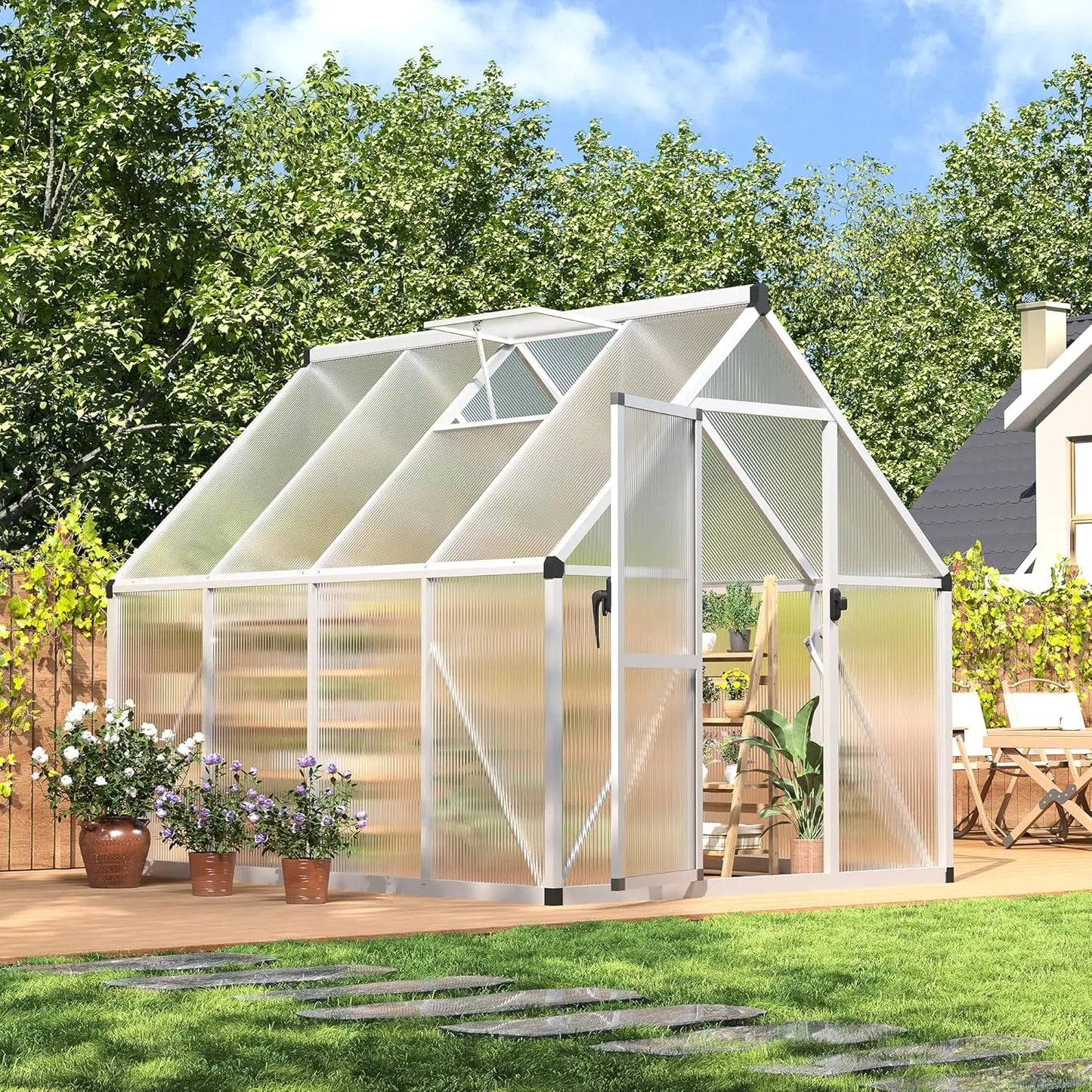 Polycarbonate Outdoor Greenhouse With Lockable Door And Adjustable Roof Vent