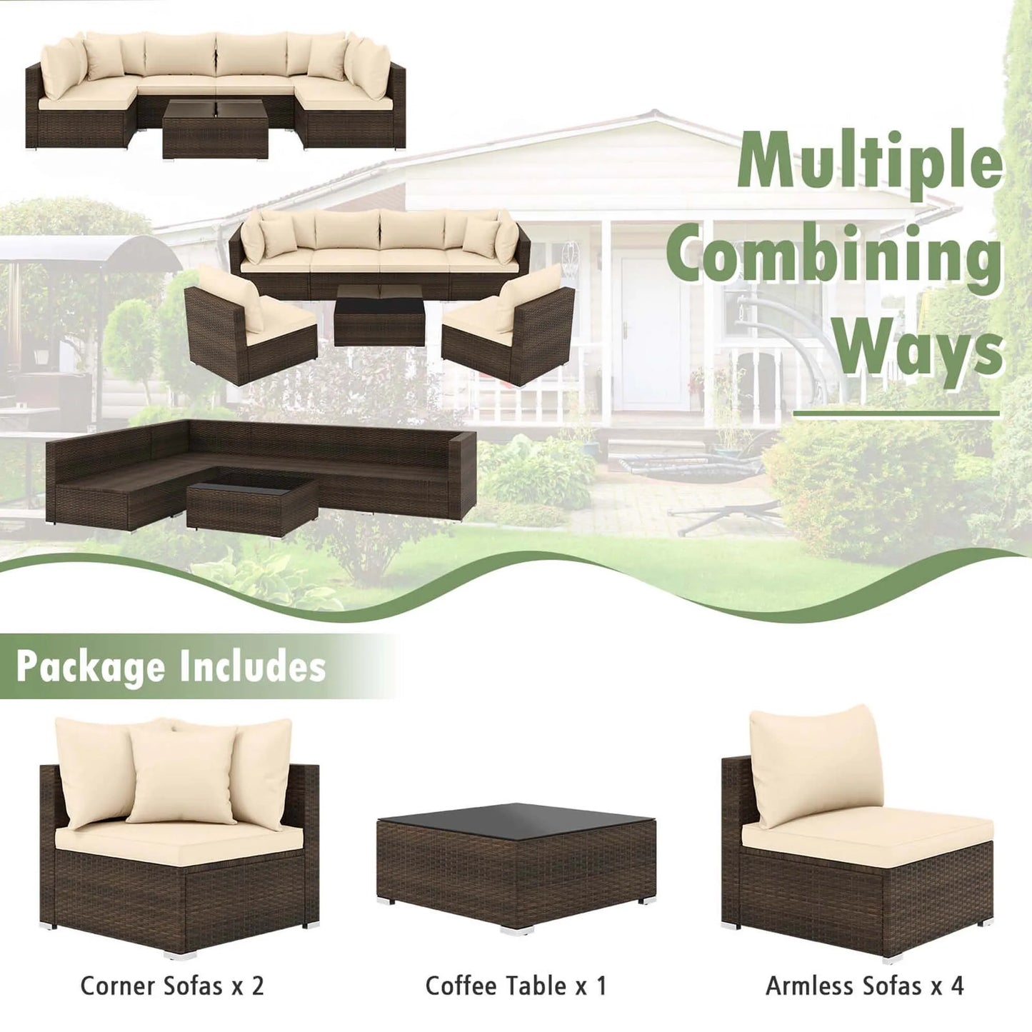 7 PCS Patio Rattan Furniture Set Sectional Sofa Cushioned Garden Brown