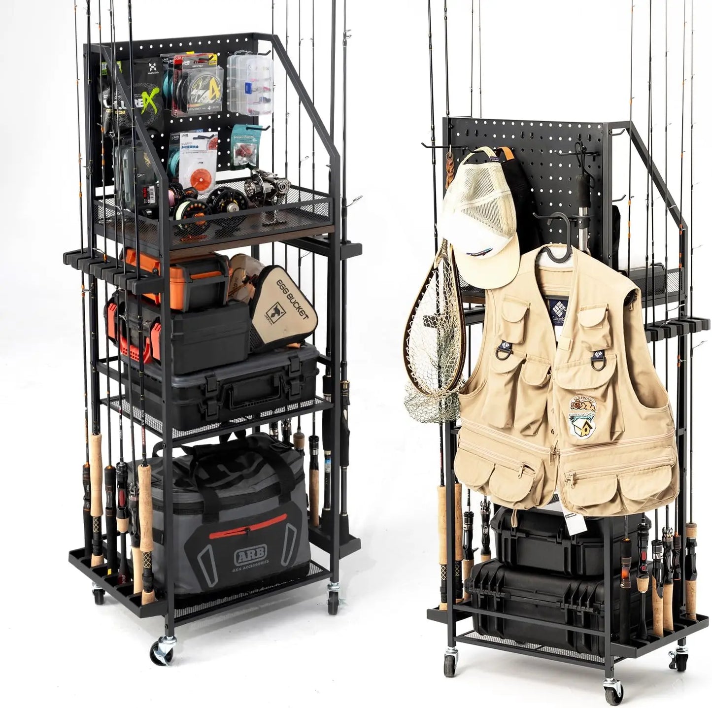 3-Tier Fishing Rod Storage Cart with Pegboard, Holds 12 Rods, Lockable Wheels for Garage Organization