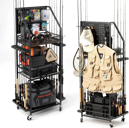 3-Tier Fishing Rod Storage Cart with Pegboard, Holds 12 Rods, Lockable Wheels for Garage Organization