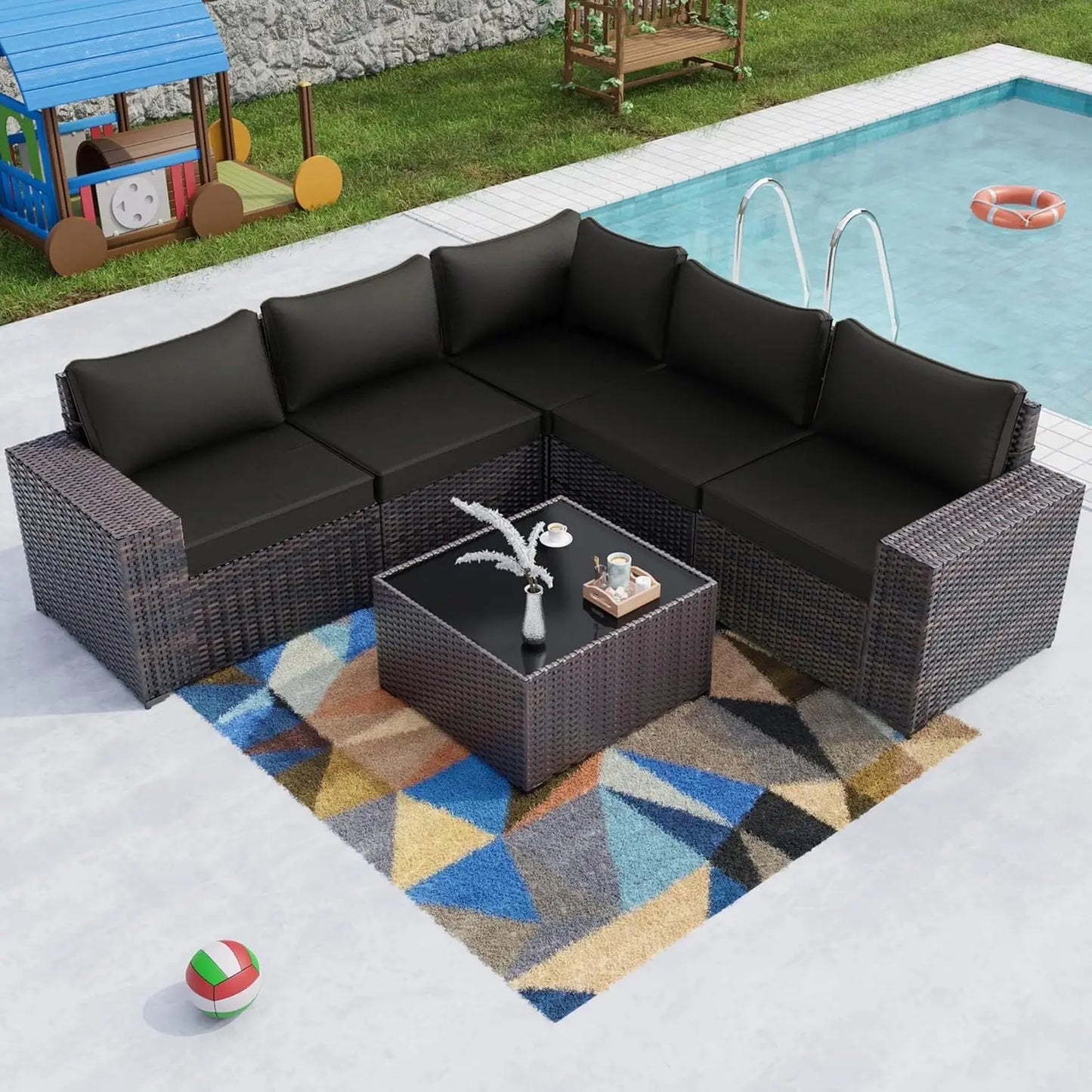 7-piece outdoor patio furniture set with 43" gas propane fire pit table, wicker rattan sectional sofa for conversation