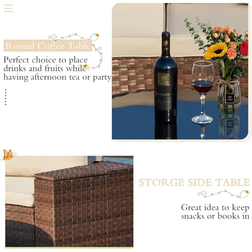 7 Piece Patio Set Half Moon Curved Wicker Storage Armrests