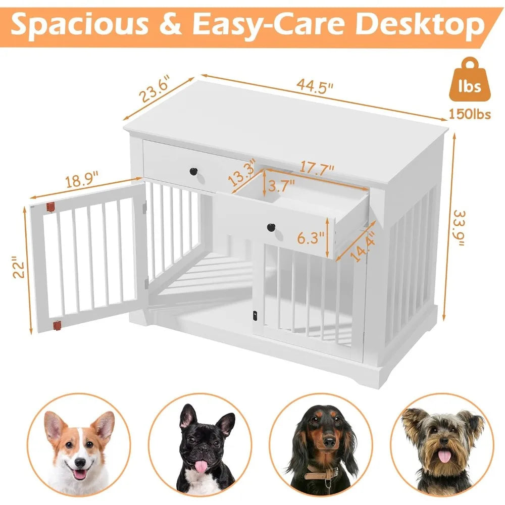 Dog Crate Furniture 44 Inch Wooden Dog Kennel Indoor with 2 Storage Drawers Heavy Duty for Large Dogs
