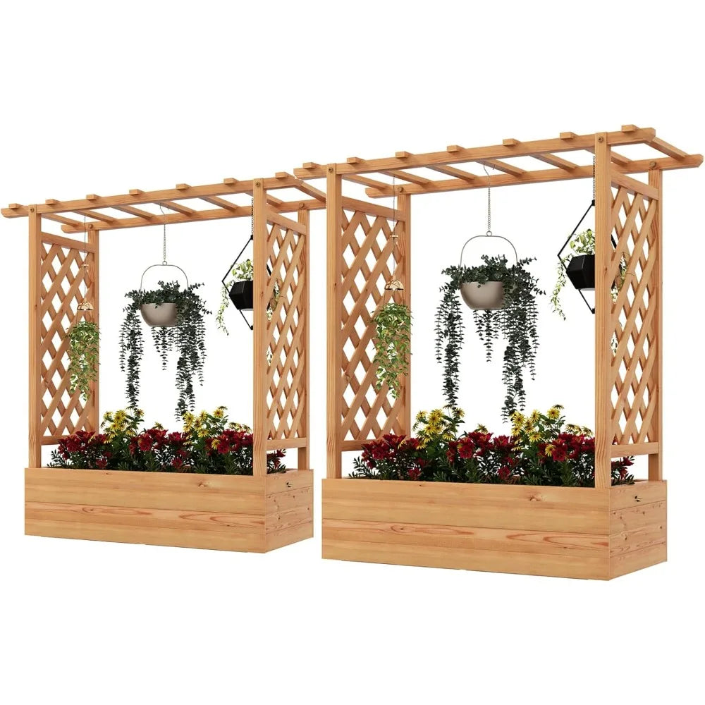 HAPPYGRILL Raised Garden Bed with Trellis, 2 Pack Freestanding Wood Planter Box w/Hanging Roof & 4 Drainage Holes for Vine Climb