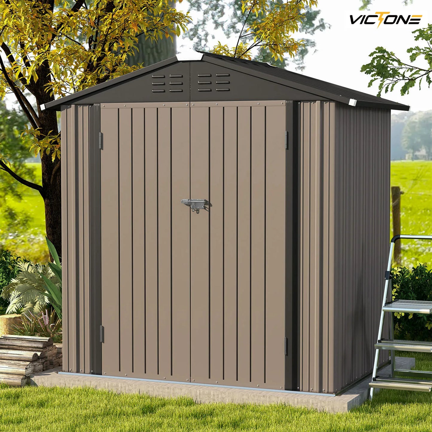 Victone 6x4 Metal Outdoor Storage Shed Brown With Door Lock