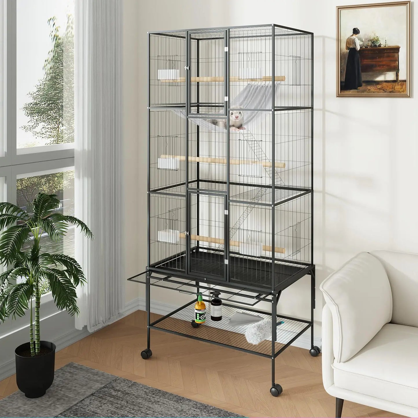 HiMISS Parrot Cage With Rolling Wheels Detachable Stand Tray