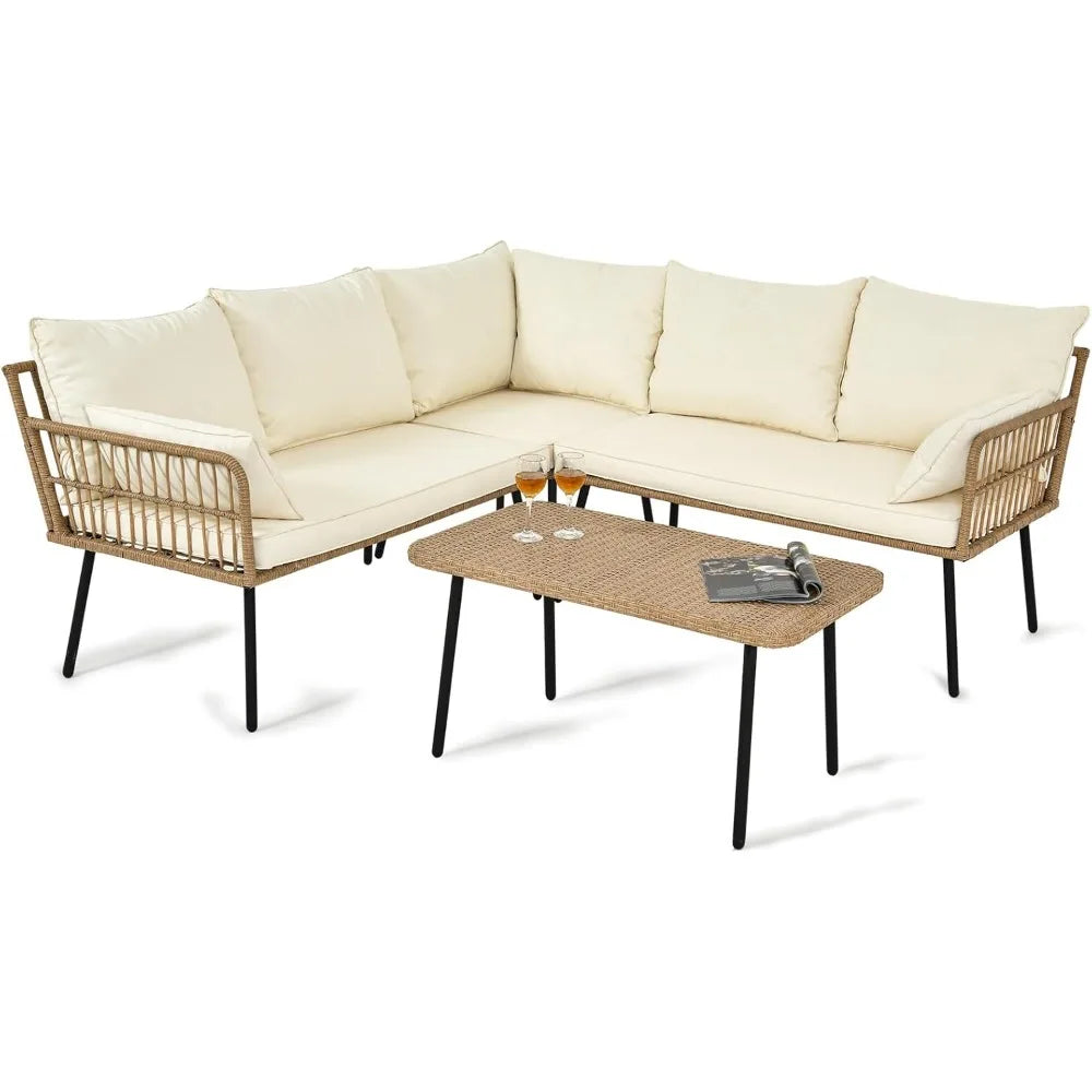 4 Pieces Patio Furniture Set, Outdoor Wicker Woven Conversation Sectional L-Shaped Sofa with 5 Seater for Backyard, Porch, Boho