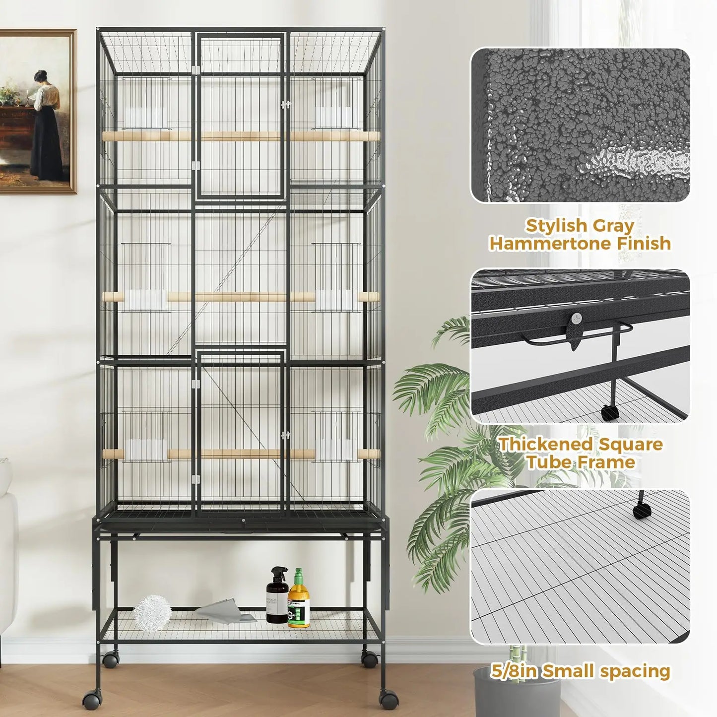 HiMISS Parrot Cage With Rolling Wheels Detachable Stand Tray