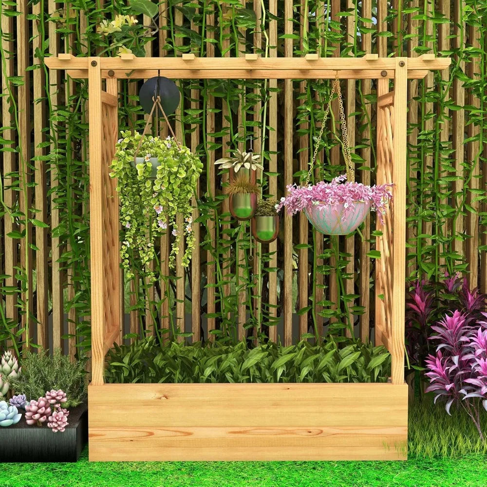 HAPPYGRILL Raised Garden Bed with Trellis, 2 Pack Freestanding Wood Planter Box w/Hanging Roof & 4 Drainage Holes for Vine Climb
