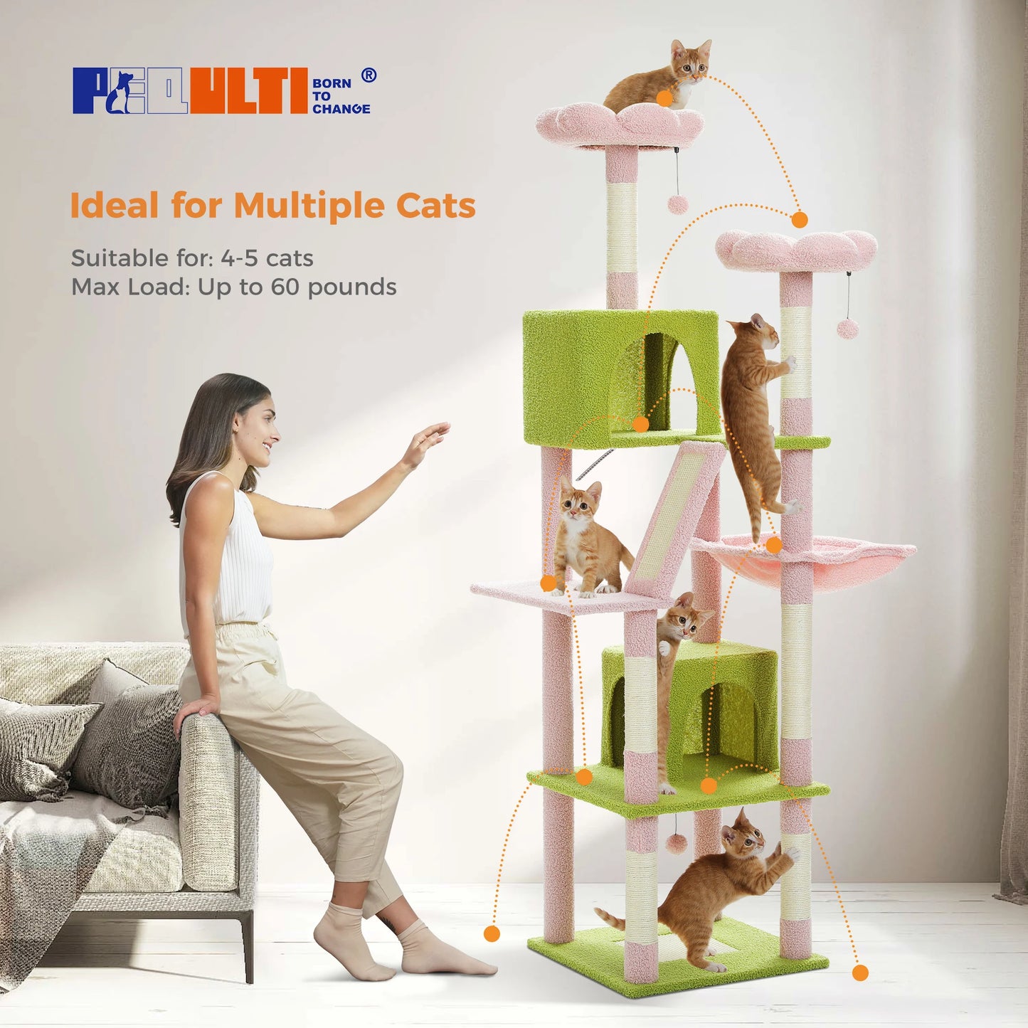 Deluxe 180cm Cat Tree With Plush Condo 6 Scratching Posts