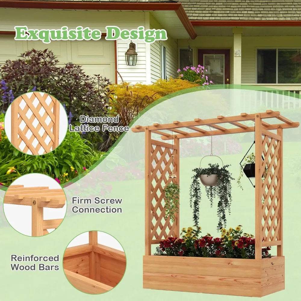 HAPPYGRILL Raised Garden Bed with Trellis, 2 Pack Freestanding Wood Planter Box w/Hanging Roof & 4 Drainage Holes for Vine Climb