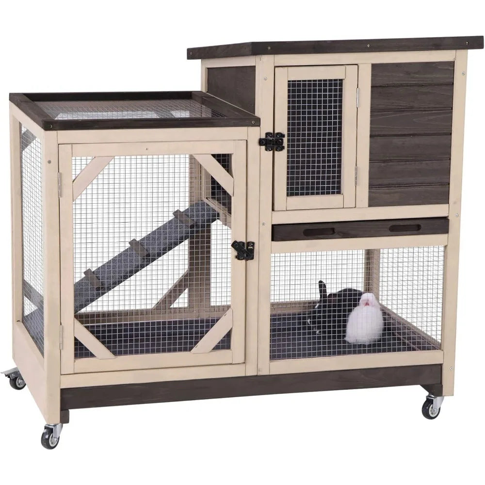 Rabbit Hutch Indoor Bunny Cage with Outdoor Run and Two Deep No Leak Trays on Casters