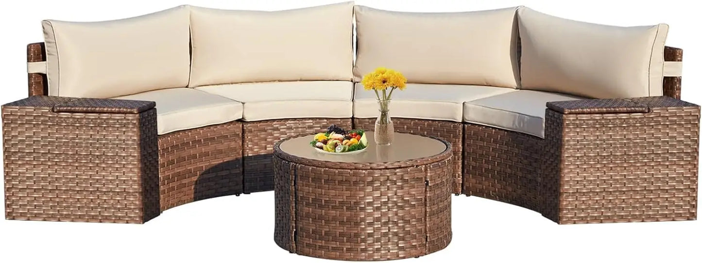 7 Piece Patio Set Half Moon Curved Wicker Storage Armrests