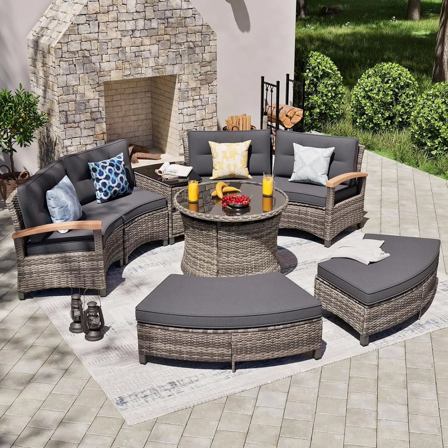 Multi-piece Outdoor Patio Furniture Sets, Half Moon Curving Part of The Sofa Rattan Patio Conversation Sets