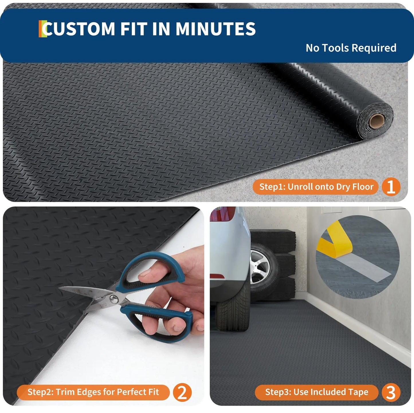 Garage Floor Mat, 2.8Mm Thickened Non-Slip PVC Garage Mat Roll, Diamond Plate Floor Protector Mat with 33FT Tapes for Garage, Un