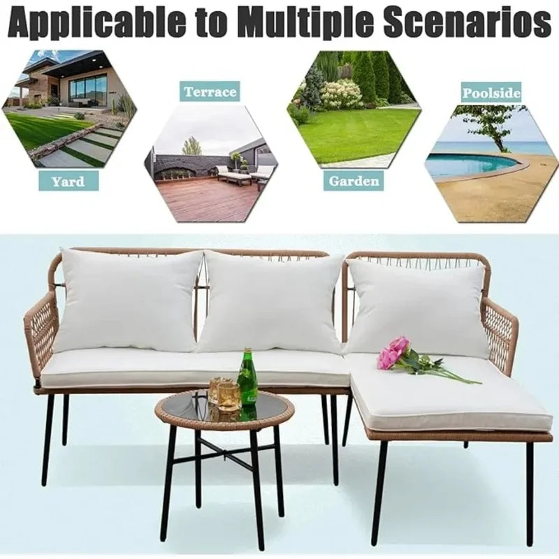 L-Shaped Outdoor Patio Furniture Set, Woven Conversation Sofa with Thick White Cushions, Balcony Lounger Chairs