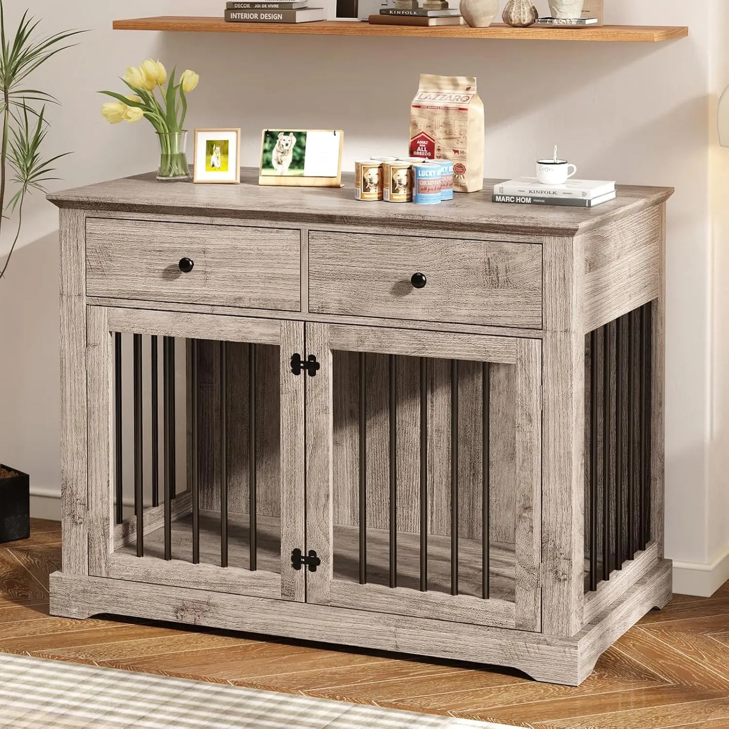 Dog Crate Furniture 44 Inch Wooden Dog Kennel Indoor with 2 Storage Drawers Heavy Duty for Large Dogs
