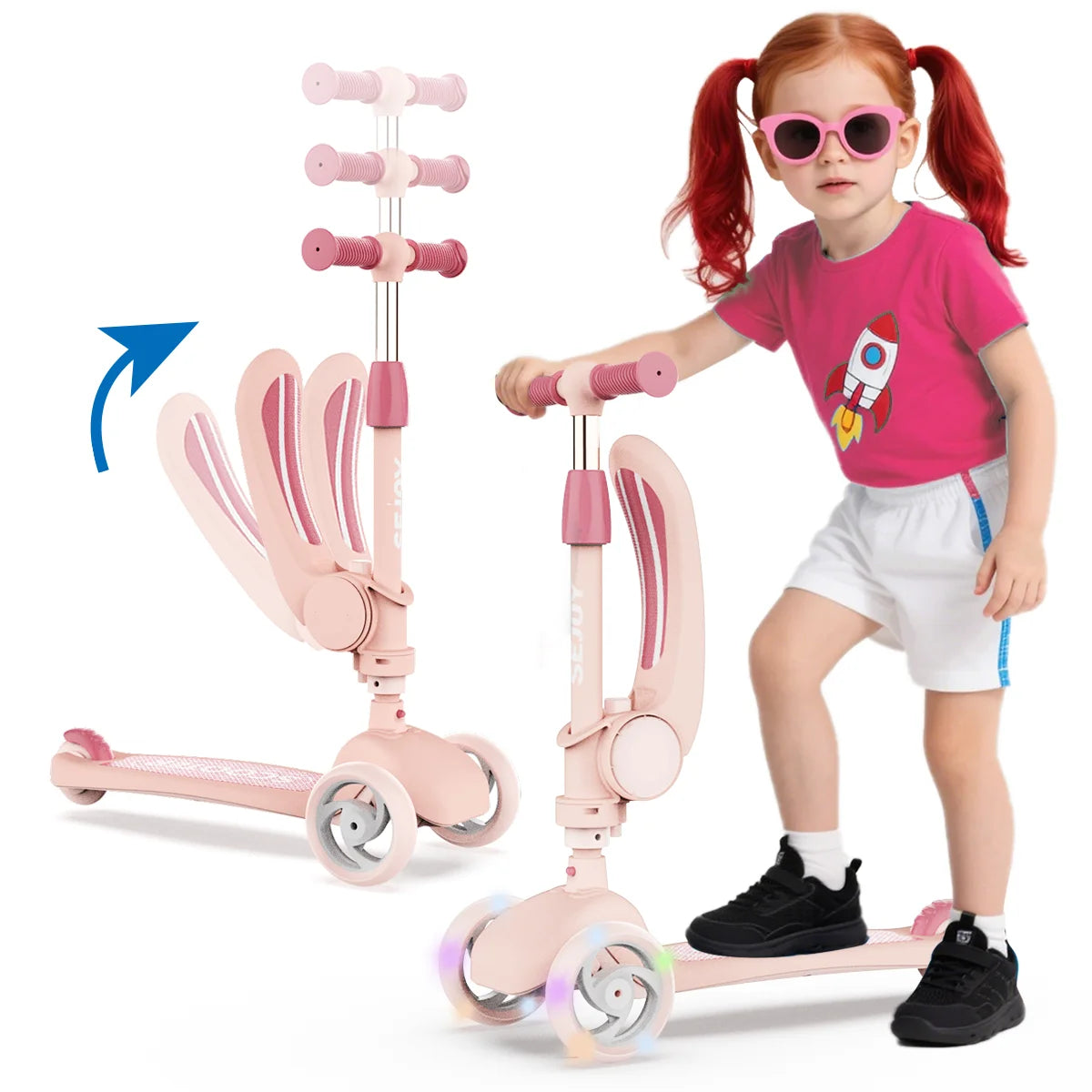 Sejoy Kids Scooter with 3-Wheeled LED Lights,Adjustable Lean-to-Steer Handlebar,Foldable Seat,Sit or Stand Ride,for 3-8 Years