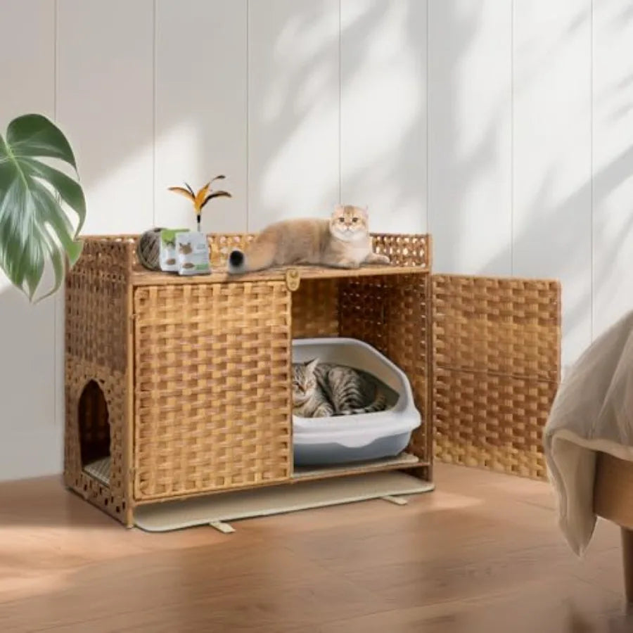 Hidden Cat Litter Box Enclosure Furniture with Modern Design for Indoor Living: Handwoven Rattan Pet House Featuring Removable