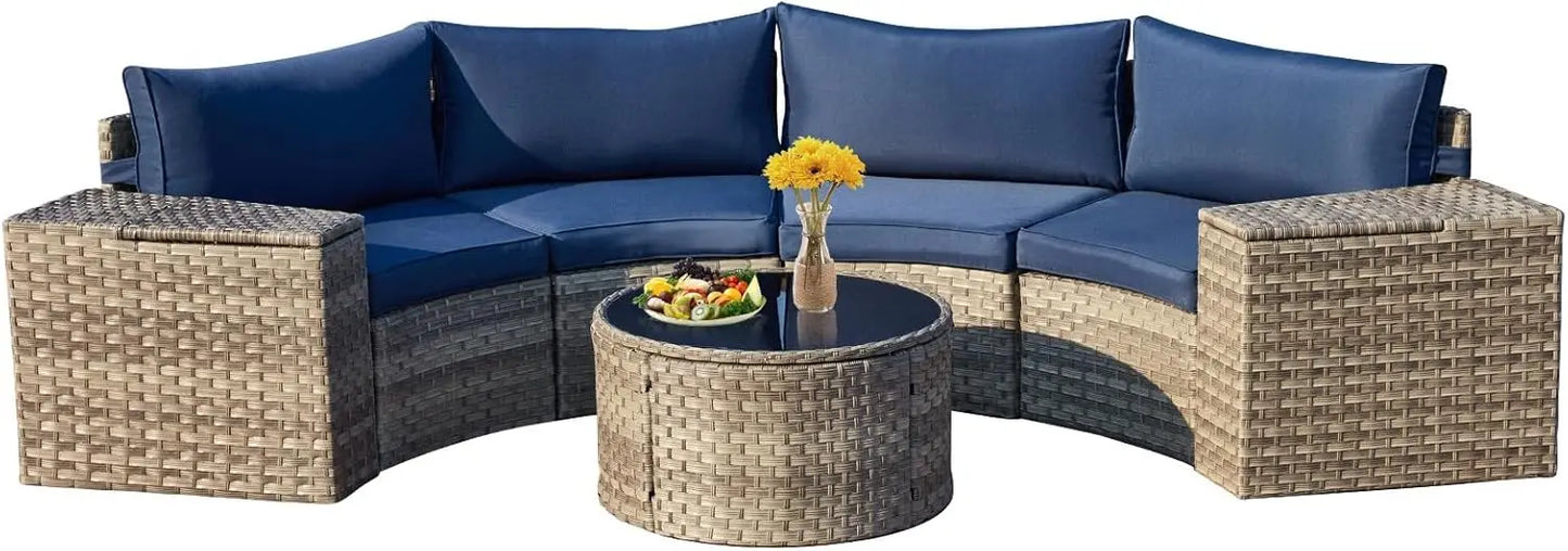 7 Piece Patio Set Half Moon Curved Wicker Storage Armrests