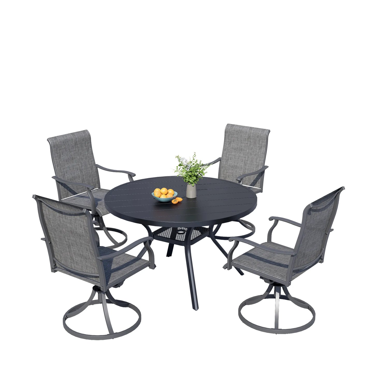 BIGGET 5-Piece Outdoor Dining Set 41" Round Table & 4 Grey Textilene Swivel Rocker Chairs for Patio Garden Backyard Poolside